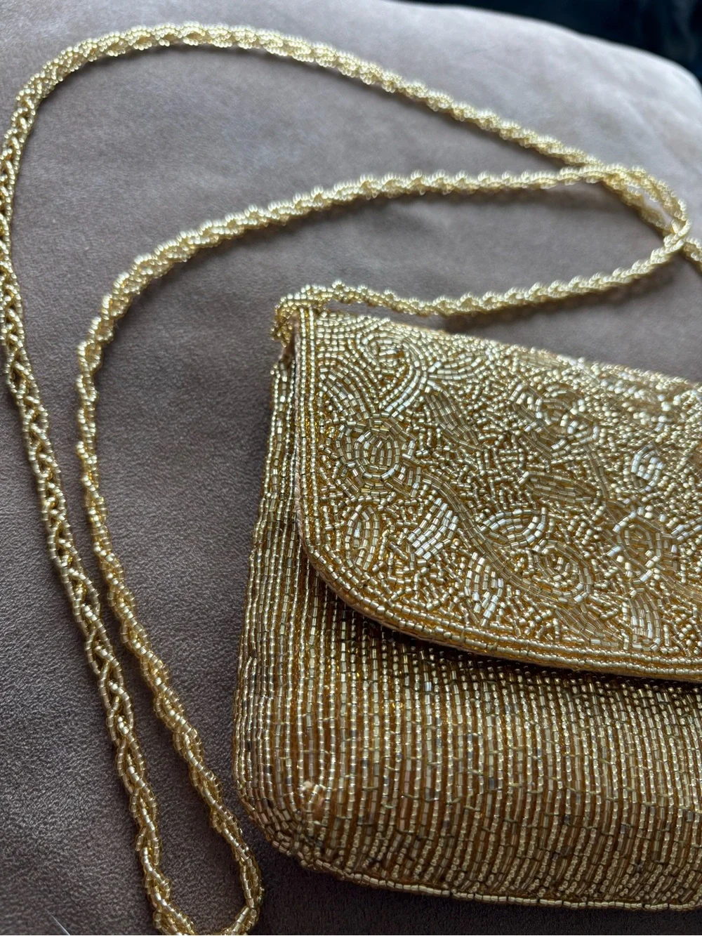Gold Glitz Beaded Evening Clutch with Lacey Gold Chain Strap